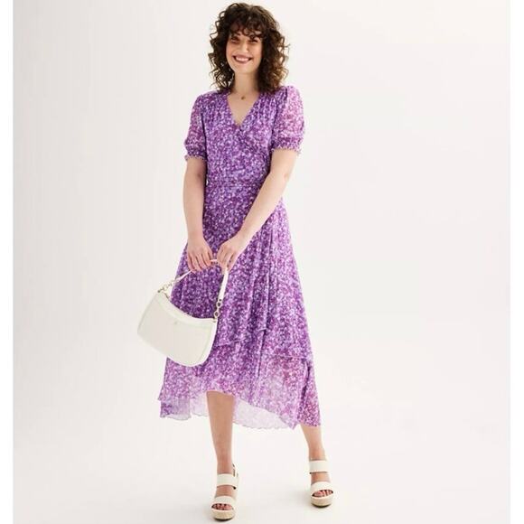 Draper James Dresses & Skirts - Draper James RSVP Floral Wrap Dress Size L Purple Flowers Midi Length